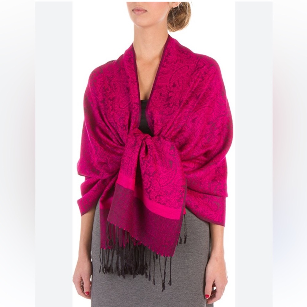 DC pashmina cotton silk blend vintage jacquard paisley scarf wh fringe Fuchsia